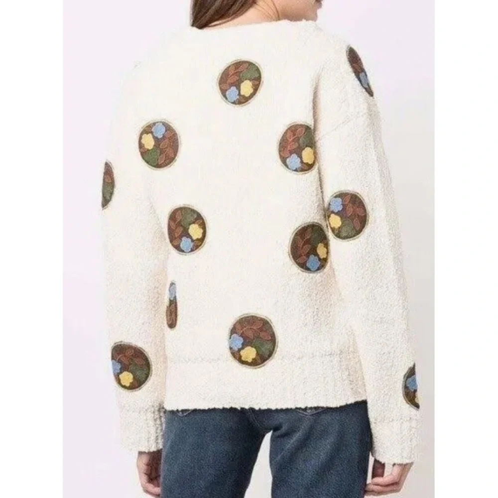 Tory Burch Sweater Womens XL Double Faced Floral Dot Cardigan Ivory/Lemon $598